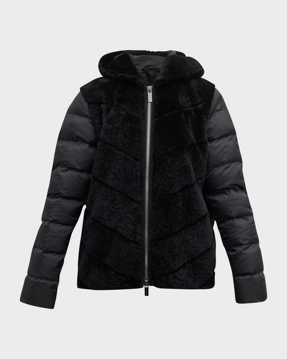 Chevron Lamb Shearling Parka w/ Quilted Sleeves And Back